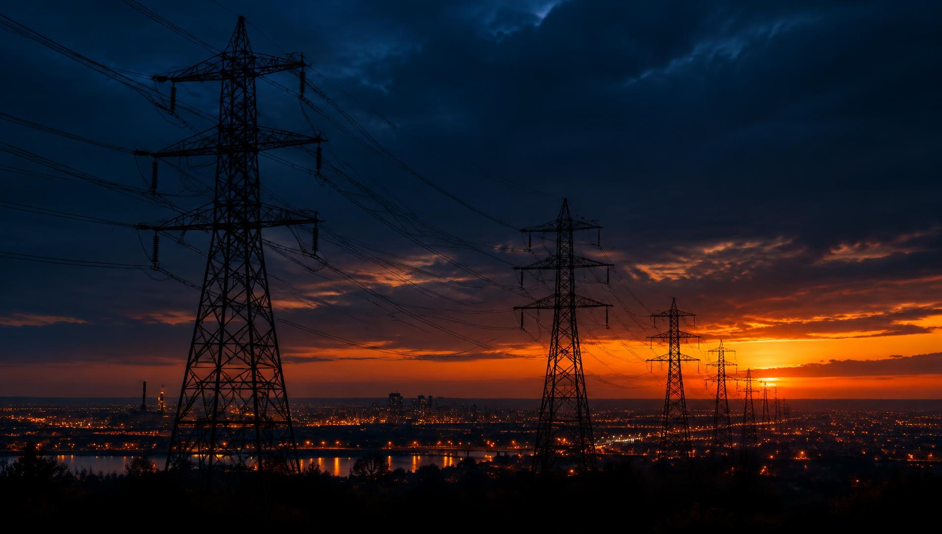 Hoogspanningsmasten bij zonsondergang